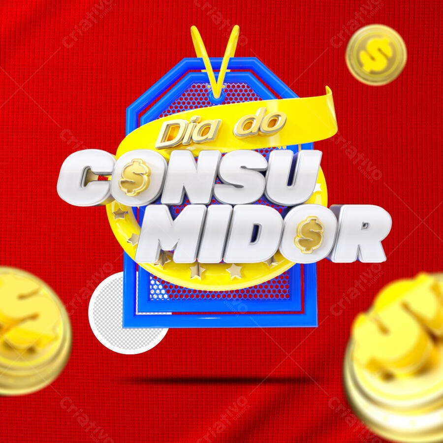 Selo 3D promocional amarelo e azul Dia do Consumidor