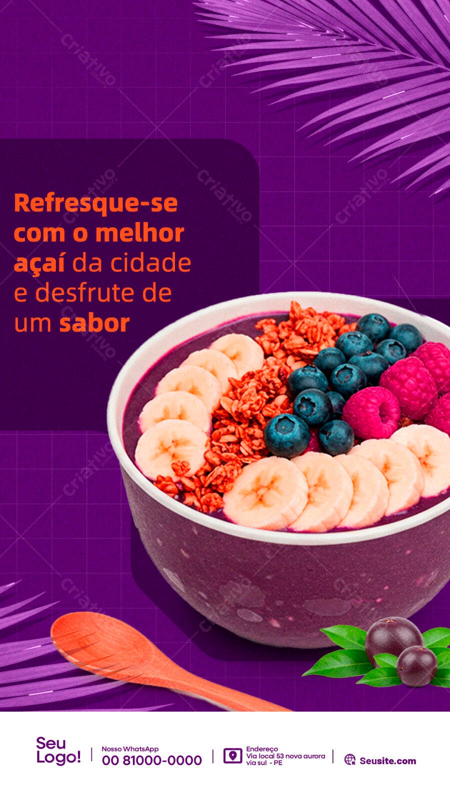 Flyer Açaí Vermelho e Roxo PSD Editável