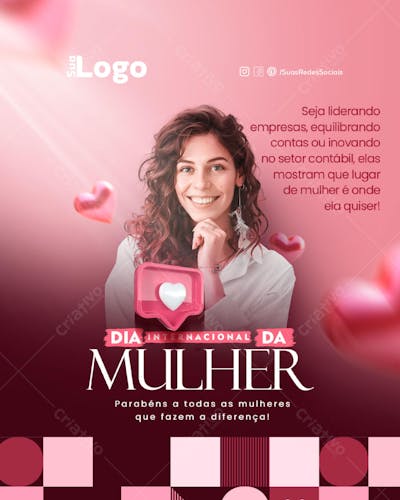 Flyer social media Dia internacional da Mulher Parabéns as mulheres