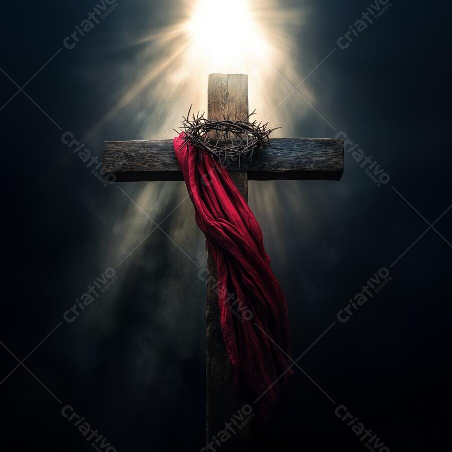 Cruz de madeira com coroa de espinhos e tecido vermelho