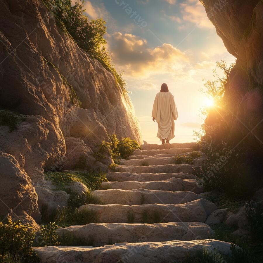 Jesus Cristo ressuscitado subindo escadas rochosas ao amanhecer
