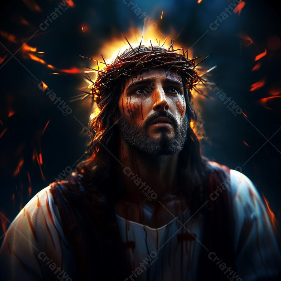 Jesus Cristo com coroa de espinhos e sangue