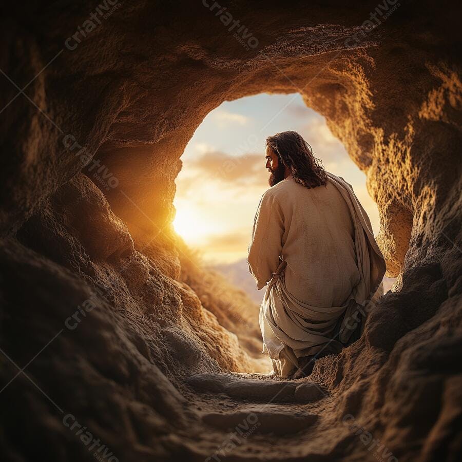 Jesus na entrada da tumba ao amanhecer