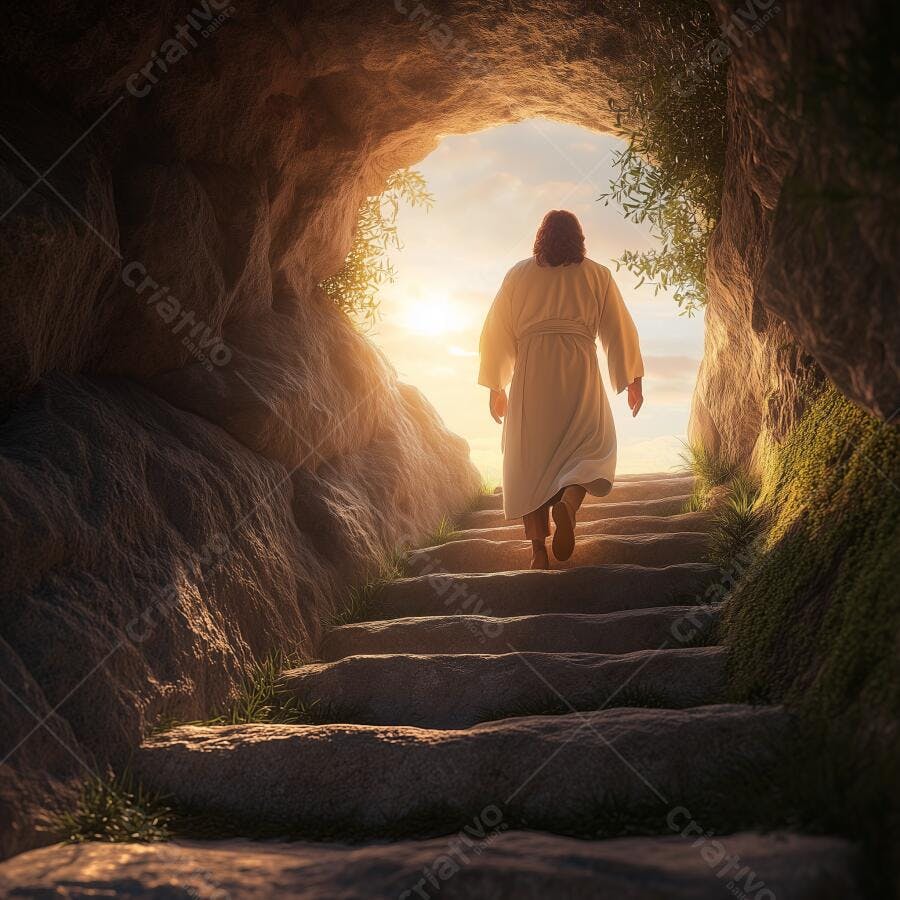 Jesus Ressuscitado saindo do túmulo ao amanhecer