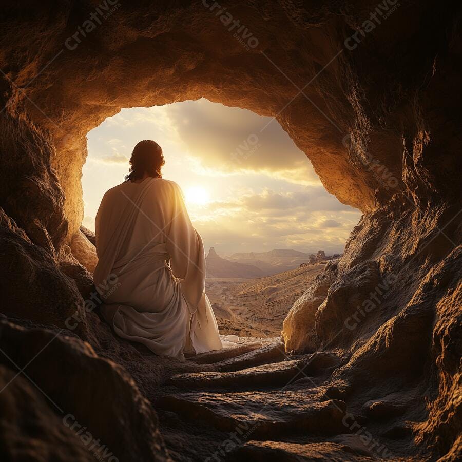 Jesus contemplando o pôr do sol em caverna