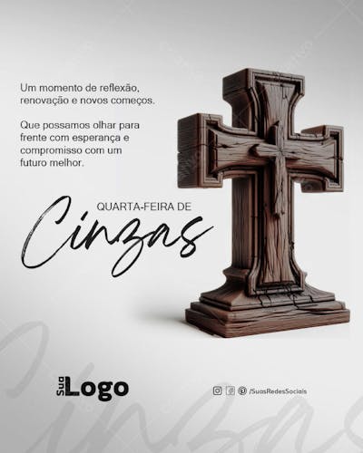 Flyer social media Quarta feira de cinzas cruz de madeira detalhada