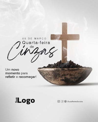 Flyer social media Quarta feira de cinzas pote com cinzas e cruz com fumaça