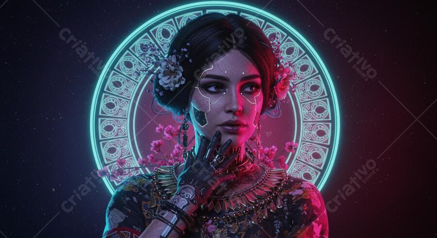 Mulher cibernética com flores em fundo neon