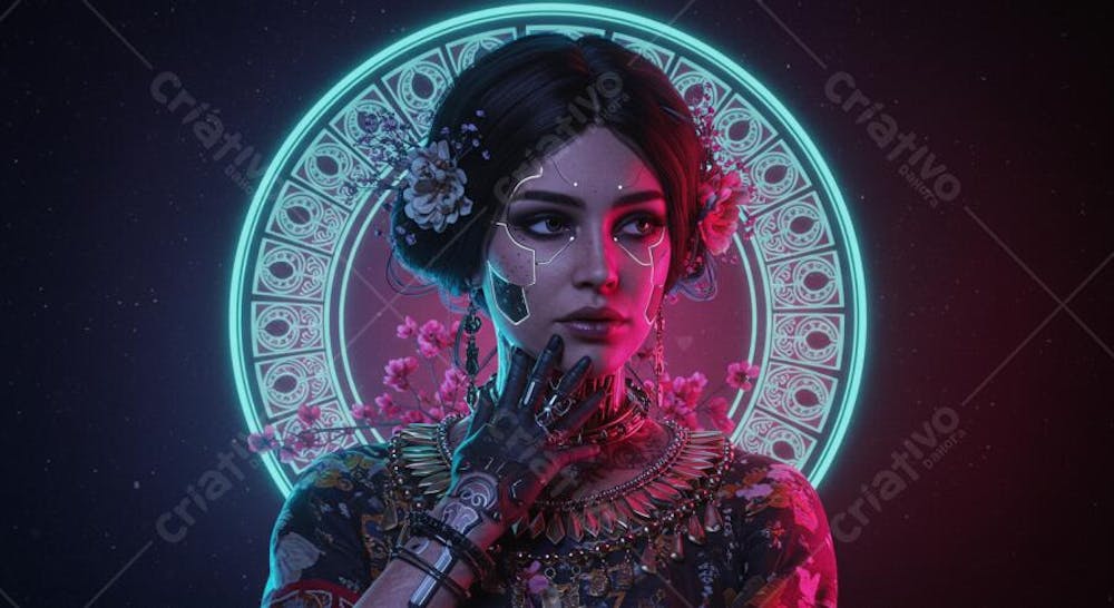 Retrato digital hiper-realista cyberpunk com elementos culturais Vitoriano, Art Déco, Egípcio Antigo, Indígena Brasileiro