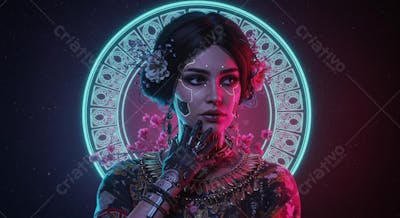 Retrato digital hiper-realista cyberpunk com elementos culturais Vitoriano, Art Déco, Egípcio Antigo, Indígena Brasileiro