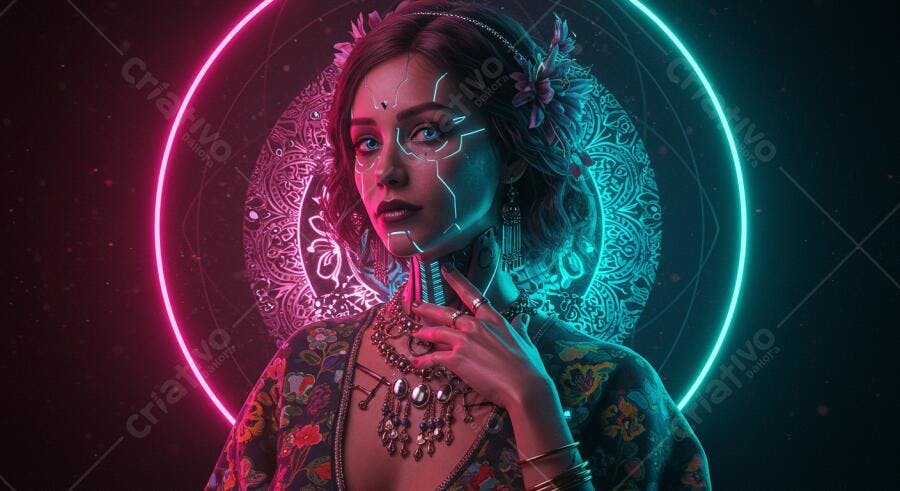 Mulher ciborgue com joias em fundo neon