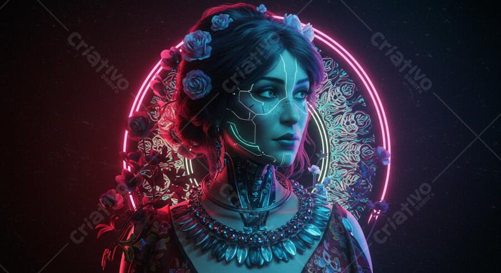 Retrato digital hiper-realista cyberpunk com elementos culturais Vitoriano, Art Déco, Egípcio Antigo, Indígena Brasileiro