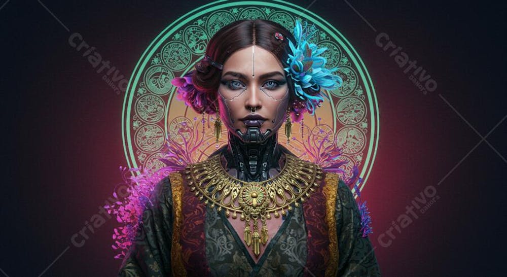 Retrato digital hiper-realista cyberpunk com elementos culturais Vitoriano, Art Déco, Egípcio Antigo, Indígena Brasileiro