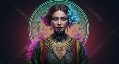 Retrato digital hiper-realista cyberpunk com elementos culturais Vitoriano, Art Déco, Egípcio Antigo, Indígena Brasileiro