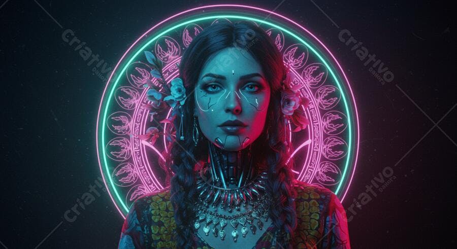 Retrato feminino cibernético com flores e neon
