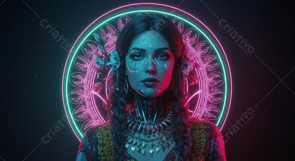 Retrato digital hiper-realista cyberpunk com elementos culturais Vitoriano, Art Déco, Egípcio Antigo, Indígena Brasileiro