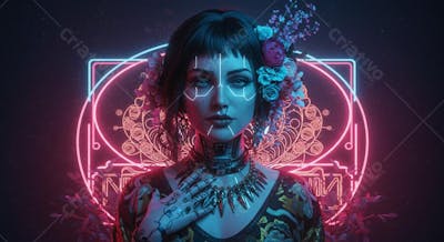 Retrato digital hiper-realista cyberpunk com elementos culturais Vitoriano, Art Déco, Egípcio Antigo, Indígena Brasileiro