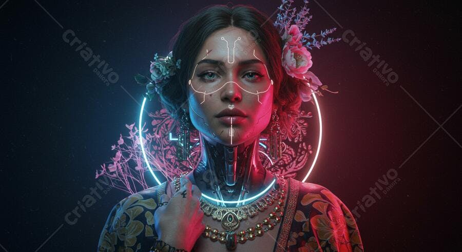 Mulher robô com flores neon