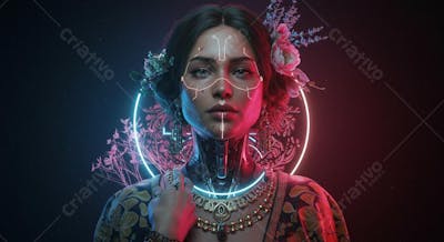 Retrato digital hiper-realista cyberpunk com elementos culturais Vitoriano, Art Déco, Egípcio Antigo, Indígena Brasileiro