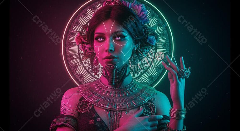Retrato digital hiper-realista cyberpunk com elementos culturais Vitoriano, Art Déco, Egípcio Antigo, Indígena Brasileiro
