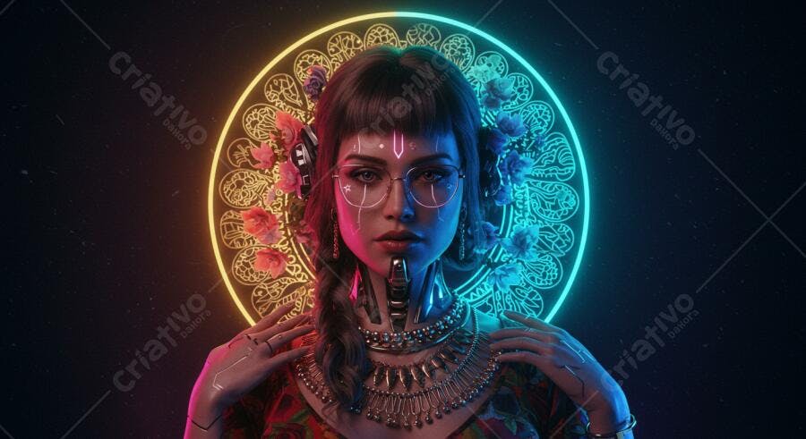 Mulher cibernética com flores neon