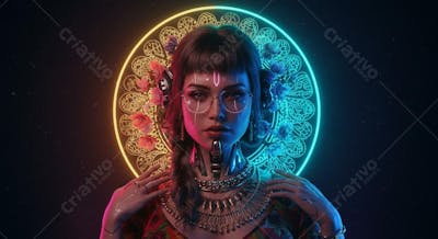 Retrato digital hiper-realista cyberpunk com elementos culturais Vitoriano, Art Déco, Egípcio Antigo, Indígena Brasileiro