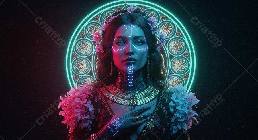Mulher cibernética com flores neon