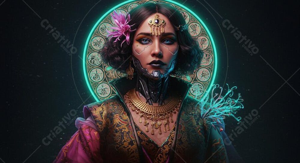 Retrato digital hiper-realista cyberpunk com elementos culturais Vitoriano, Art Déco, Egípcio Antigo, Indígena Brasileiro