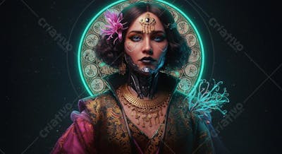 Retrato digital hiper-realista cyberpunk com elementos culturais Vitoriano, Art Déco, Egípcio Antigo, Indígena Brasileiro