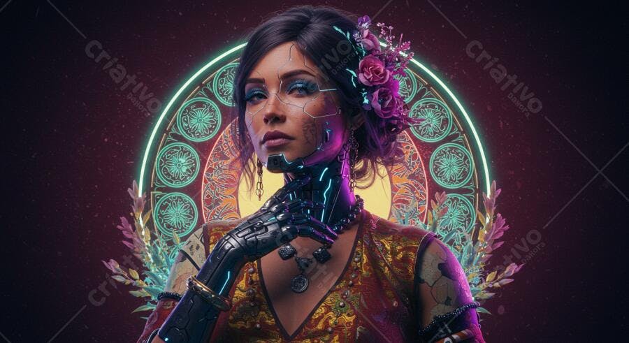 Mulher ciborgue com flores em fundo escuro