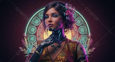 Retrato digital hiper-realista cyberpunk com elementos culturais Vitoriano, Art Déco, Egípcio Antigo, Indígena Brasileiro