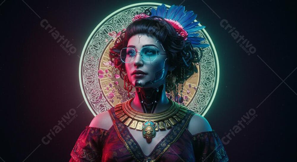 Retrato digital hiper-realista cyberpunk com elementos culturais Vitoriano, Art Déco, Egípcio Antigo, Indígena Brasileiro