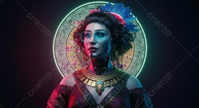 Retrato digital hiper-realista cyberpunk com elementos culturais Vitoriano, Art Déco, Egípcio Antigo, Indígena Brasileiro