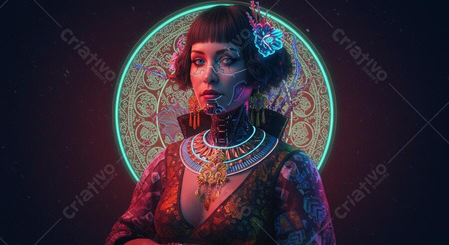 Mulher ciborgue em roupa asiática futurista