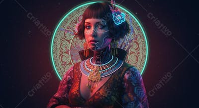 Retrato digital hiper-realista cyberpunk com elementos culturais Vitoriano, Art Déco, Egípcio Antigo, Indígena Brasileiro