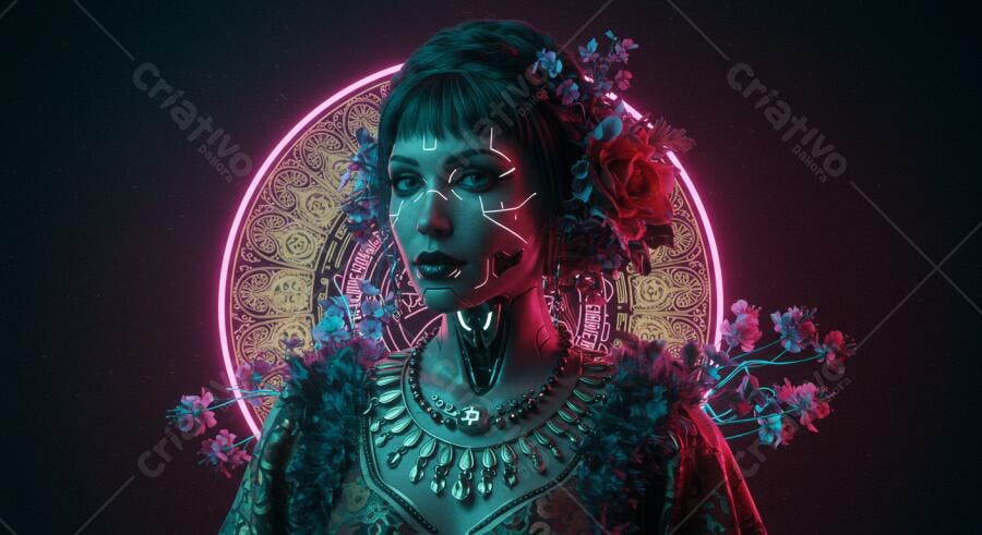 Robô mulher flores néon fundo escuro