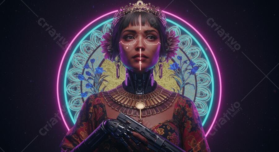 Mulher robô futurista com coroa e flores