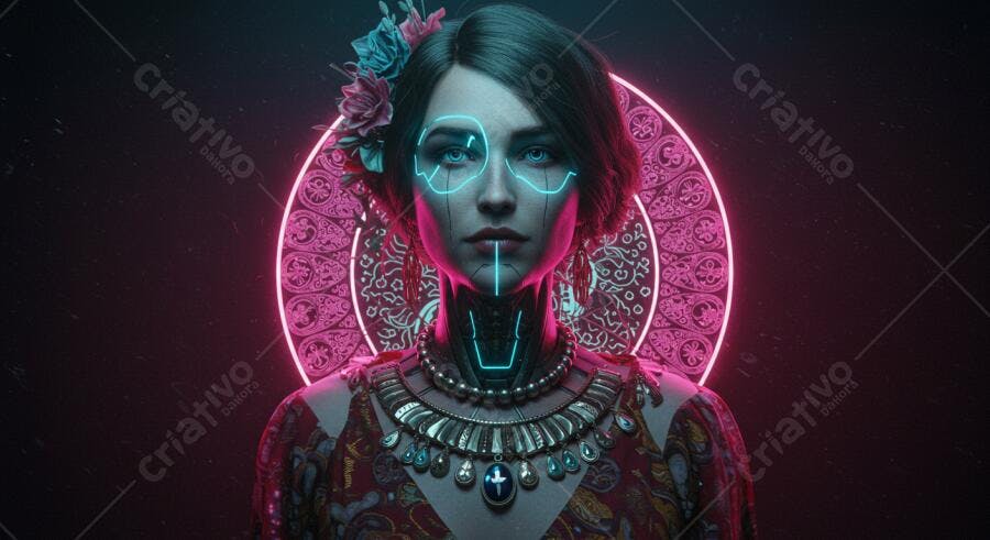 Mulher cibernética com flores e halo rosa