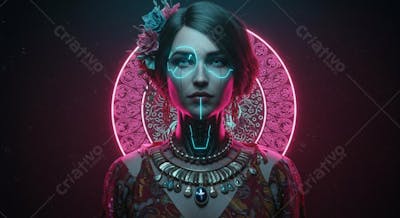 Retrato digital hiper-realista cyberpunk com elementos culturais Vitoriano, Art Déco, Egípcio Antigo, Indígena Brasileiro