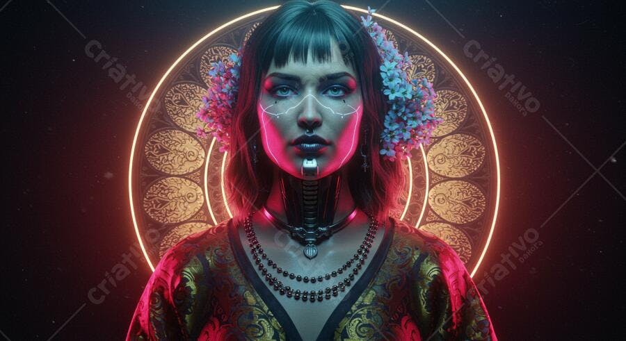 Mulher cibernética com flores em fundo neon