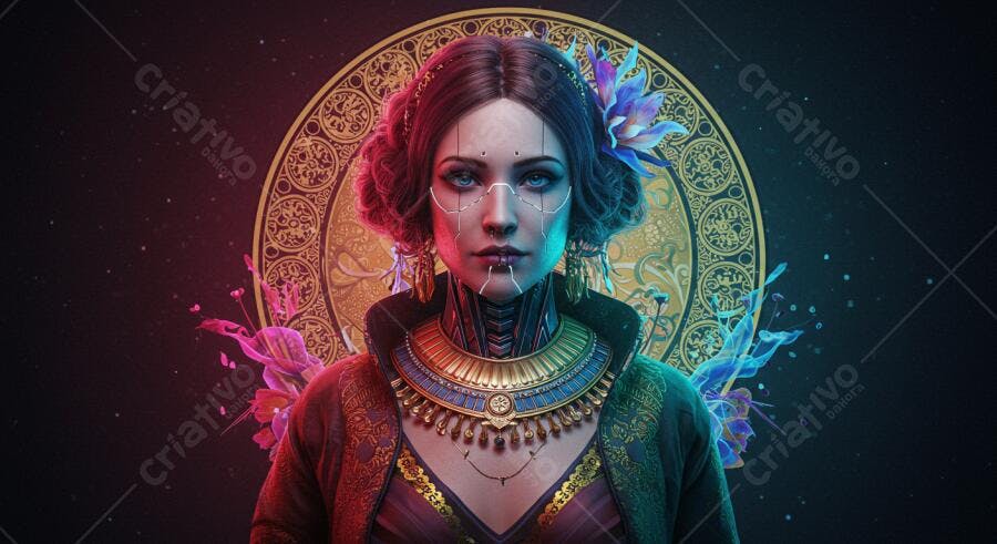 Mulher robô com joias e flores vibrantes
