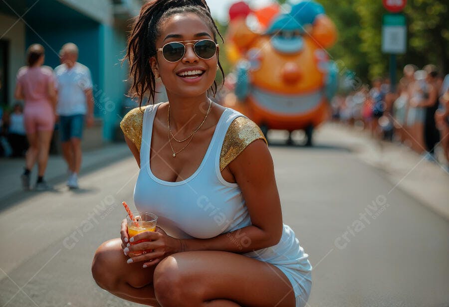 Mulher negra sorrindo com bebida em desfile