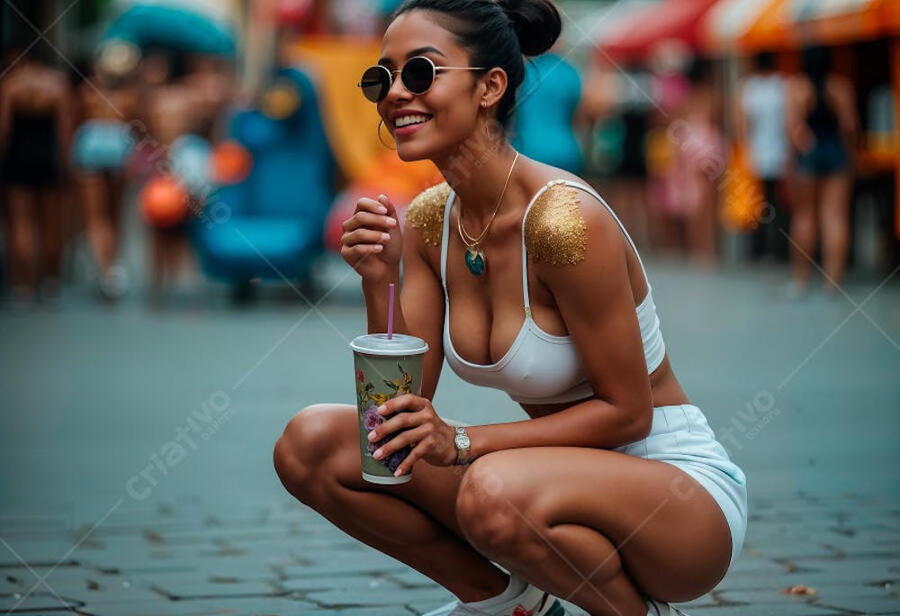 Jovem mulher agachada com camiseta regata branca curtindo o carnaval (1)