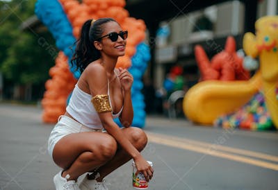 Jovem mulher agachada com camiseta regata branca curtindo o carnaval (1)