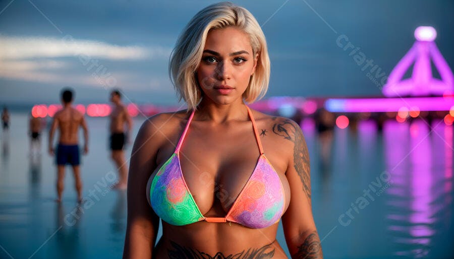 Modelo com biquini colorido em praia noturna