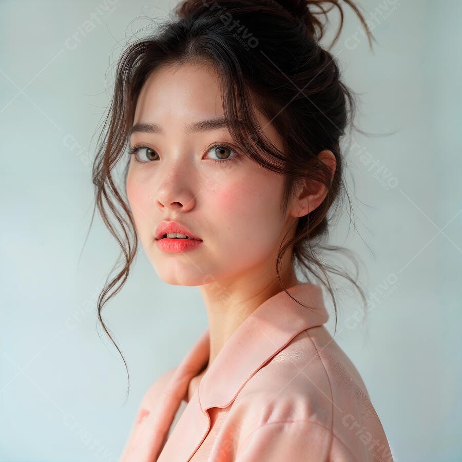 Retrato mulher asiática cabelo preso roupa rosa
