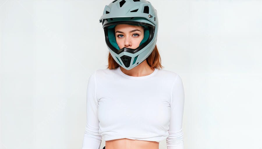 Mulher com capacete de ciclismo cinza