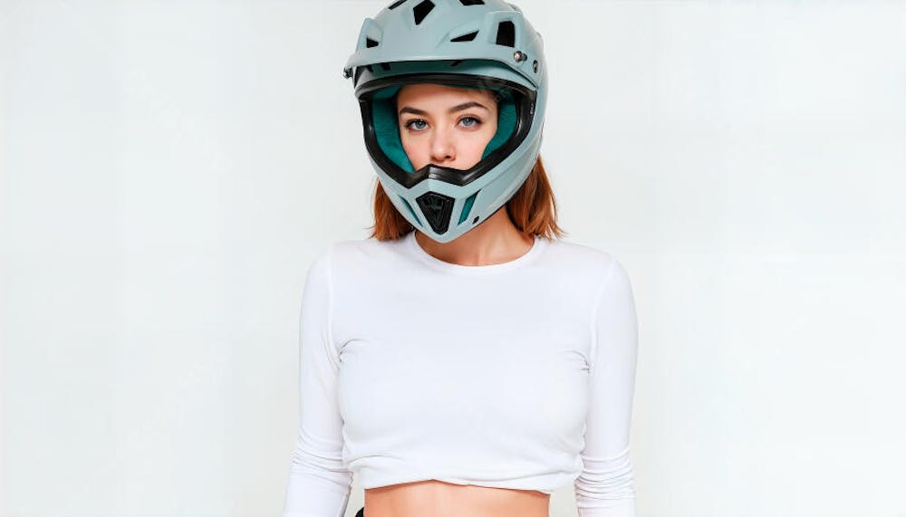 Mulher com capacete de motocross proximo de uma moto off road 
