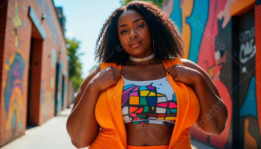 Modelo Plus Size em look laranja e colorido