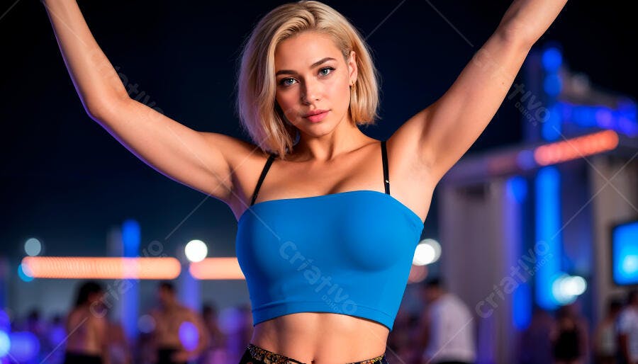 Modelo loira em top azul em evento noturno